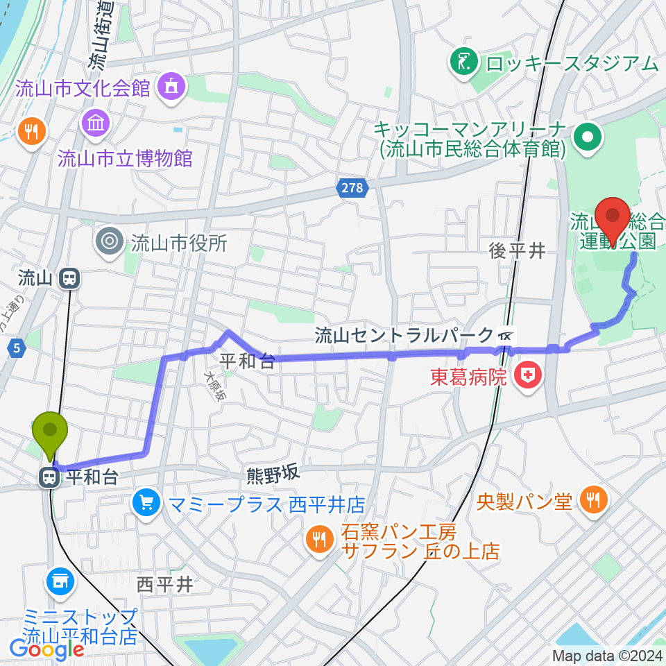 平和台駅から京和ガスベースボールパークへのルートマップ地図