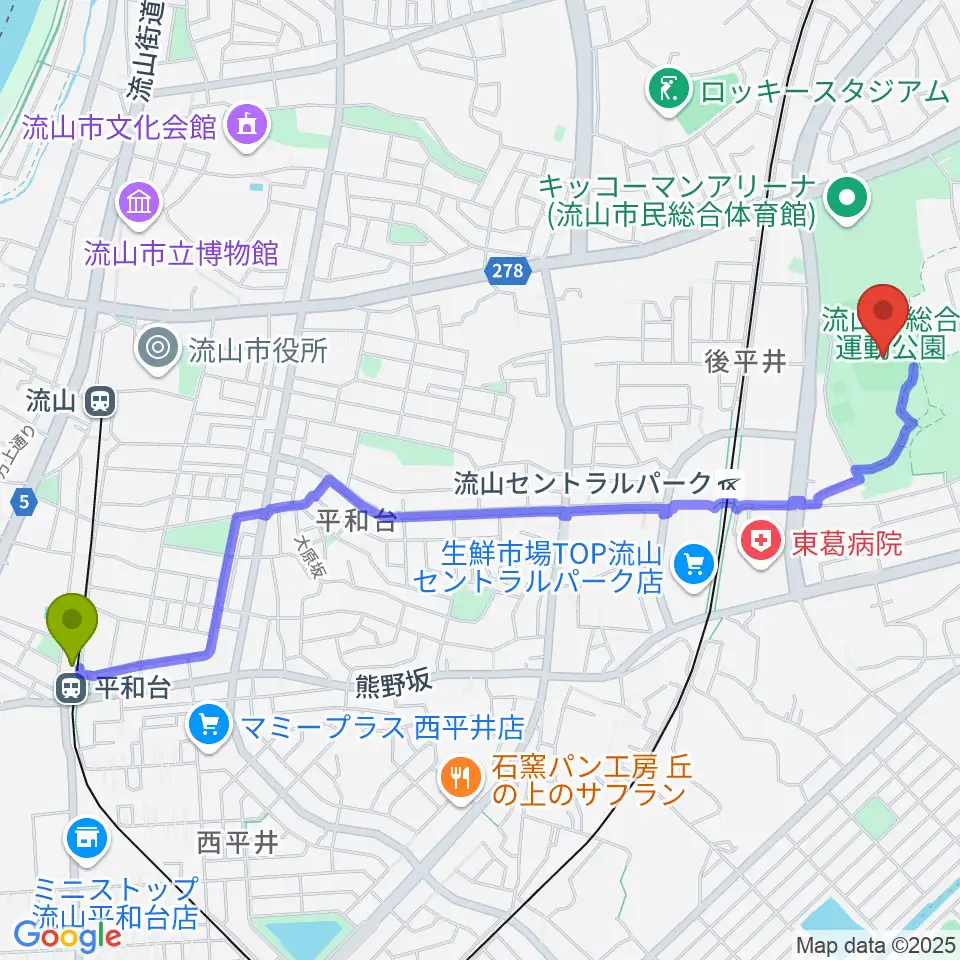 平和台駅から京和ガスベースボールパークへのルートマップ地図