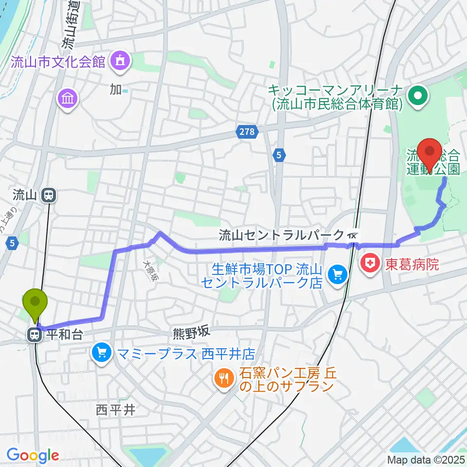 平和台駅から京和ガスベースボールパークへのルートマップ地図