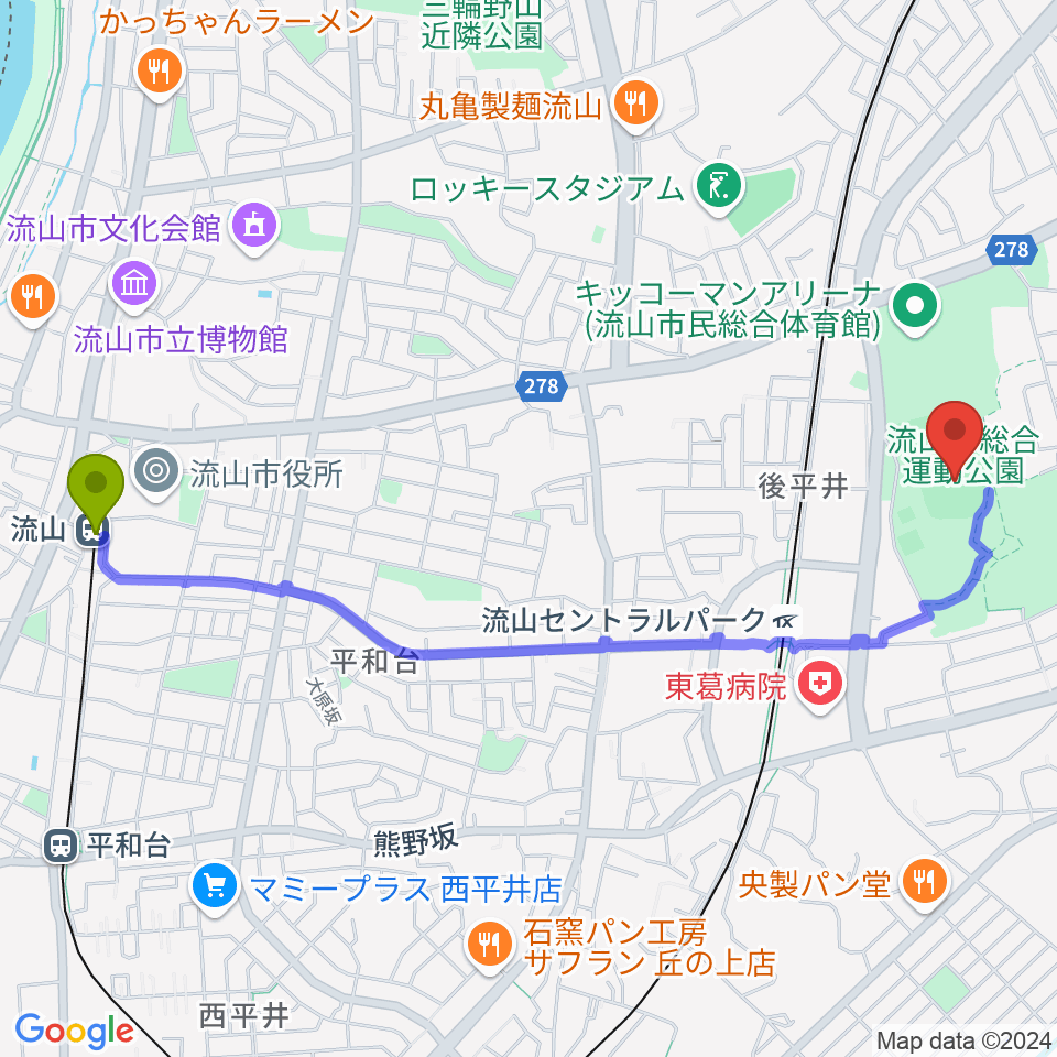 流山駅から京和ガスベースボールパークへのルートマップ地図