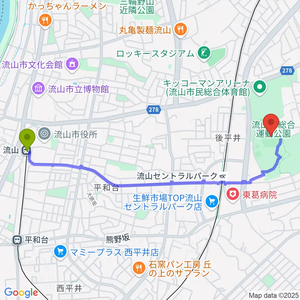 流山駅から京和ガスベースボールパークへのルートマップ地図