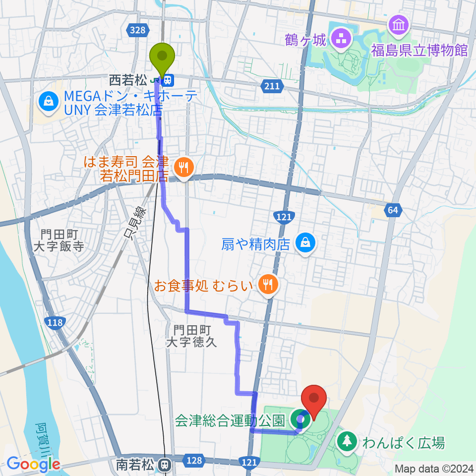 西若松駅からあいづ陸上競技場へのルートマップ地図