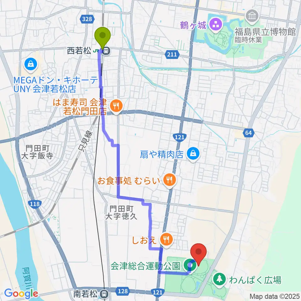 西若松駅からあいづ陸上競技場へのルートマップ地図