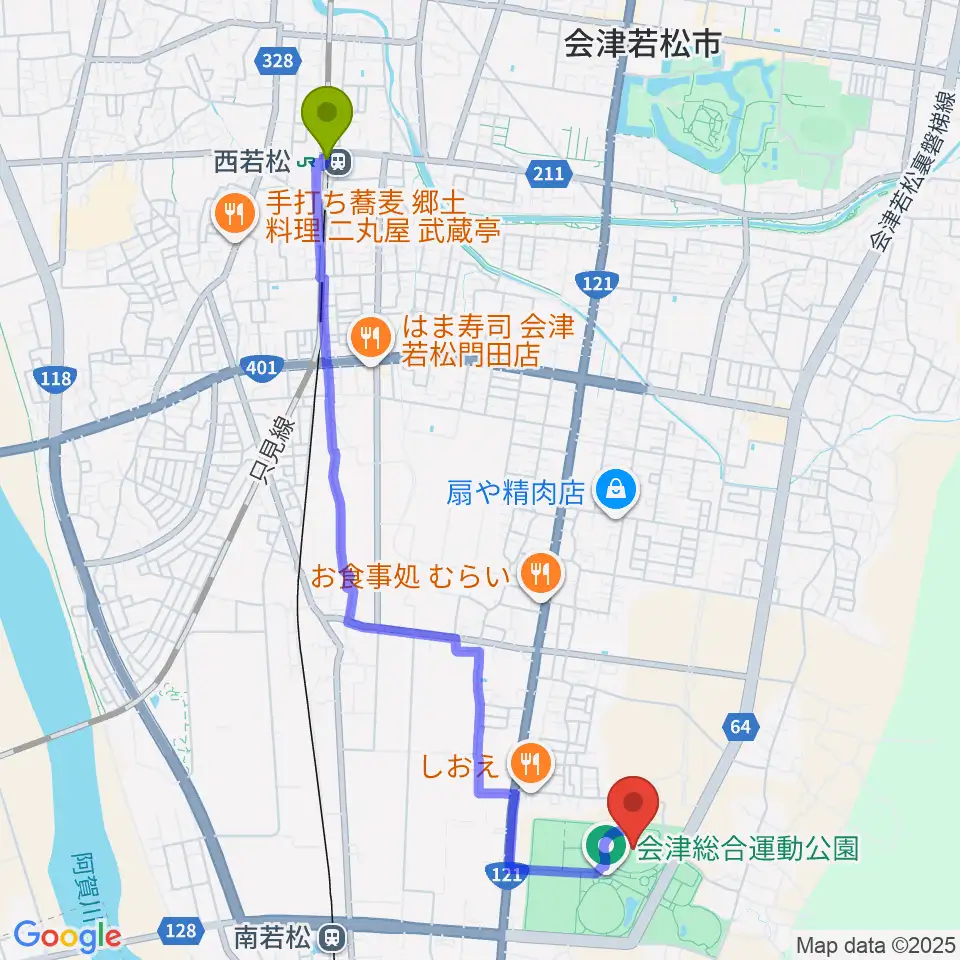西若松駅からあいづ陸上競技場へのルートマップ地図