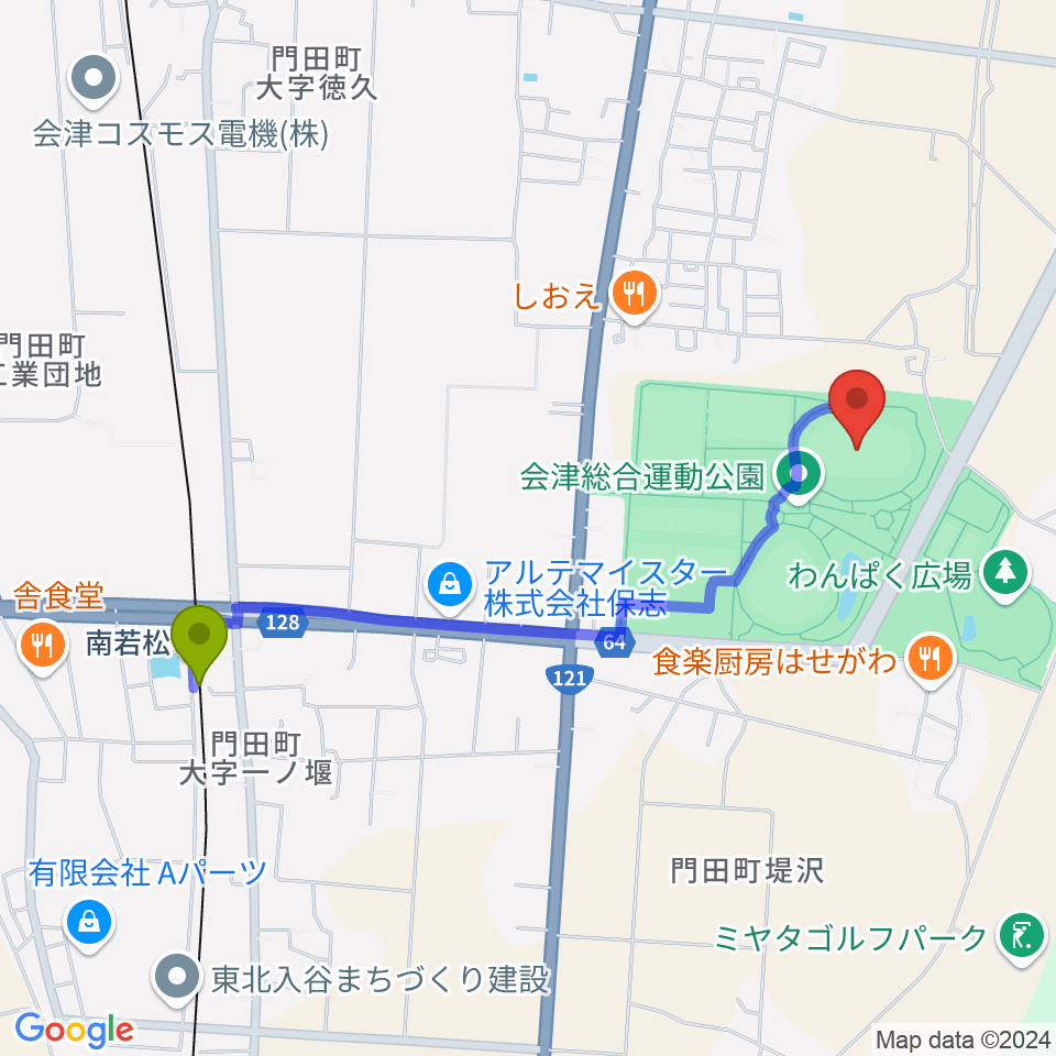 あいづ陸上競技場の最寄駅南若松駅からの徒歩ルート（約20分）地図