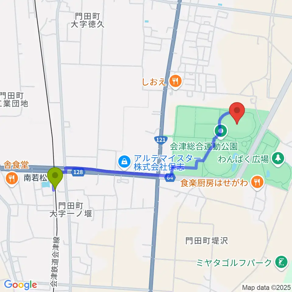 あいづ陸上競技場の最寄駅南若松駅からの徒歩ルート（約20分）地図