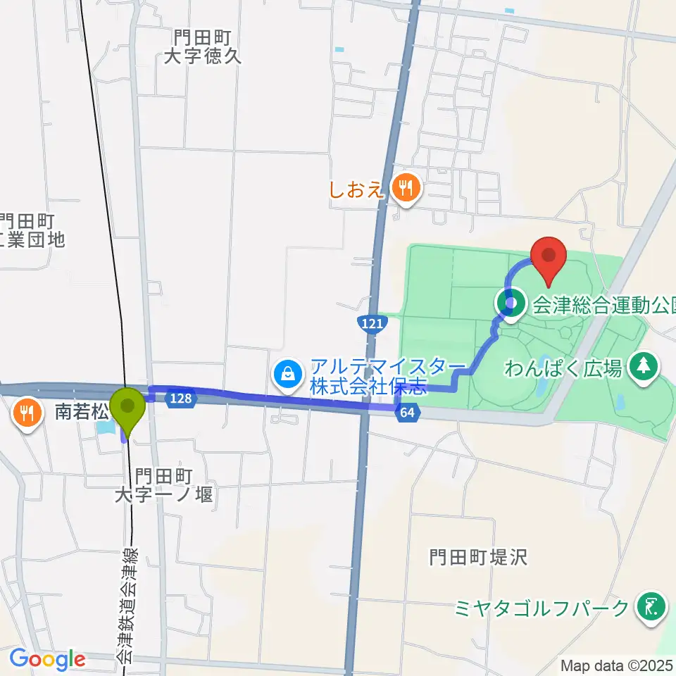 あいづ陸上競技場の最寄駅南若松駅からの徒歩ルート（約20分）地図