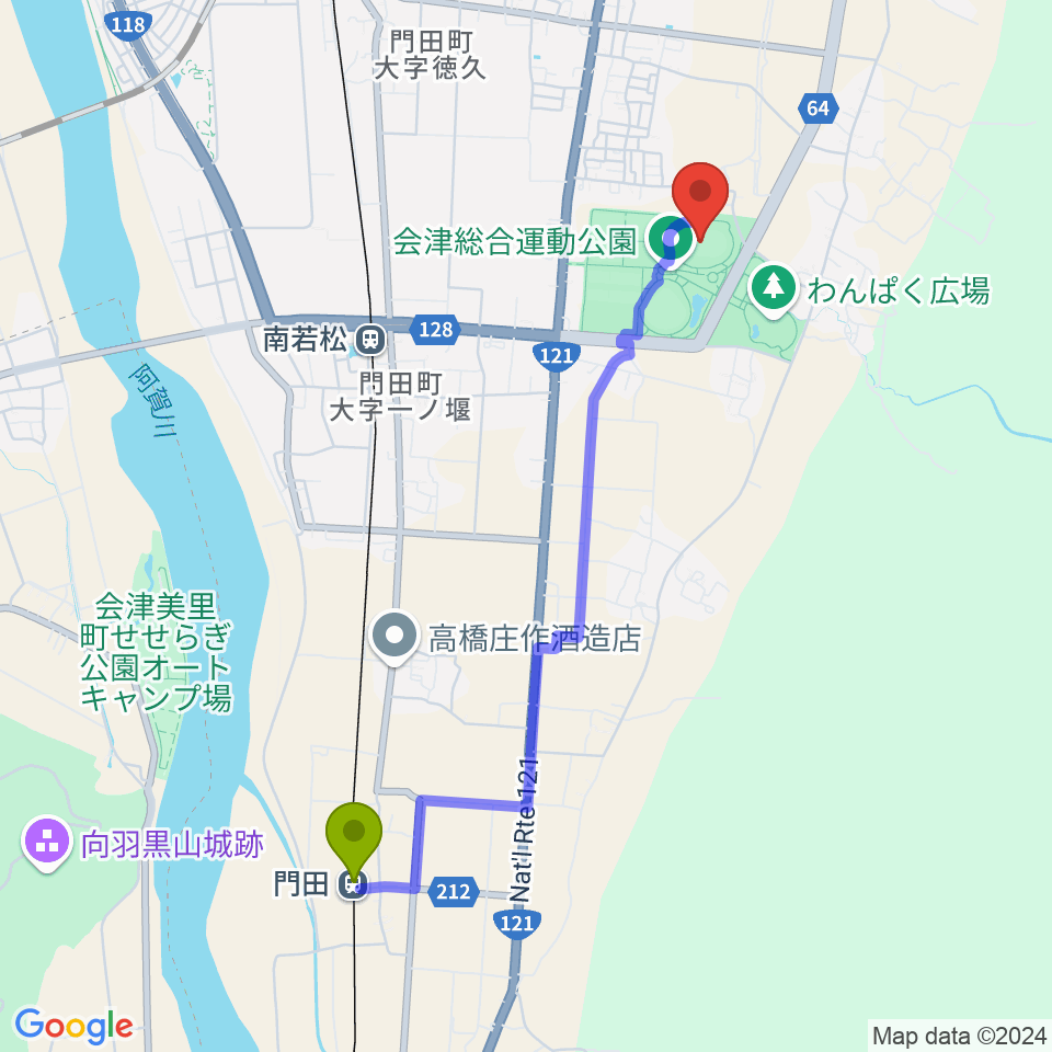 門田駅からあいづ陸上競技場へのルートマップ地図