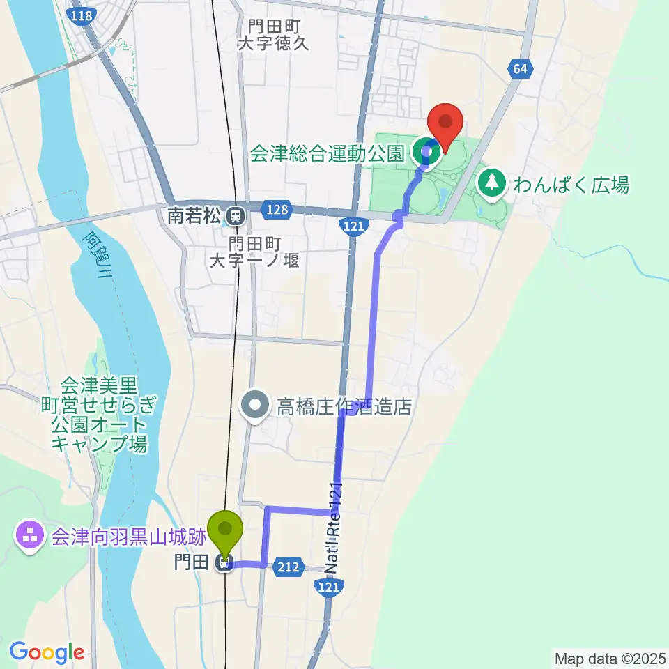 門田駅からあいづ陸上競技場へのルートマップ地図