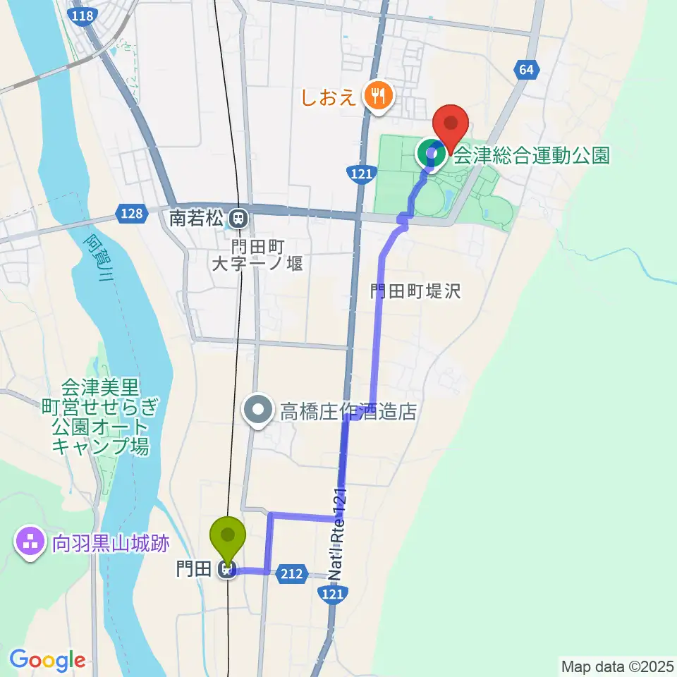 門田駅からあいづ陸上競技場へのルートマップ地図