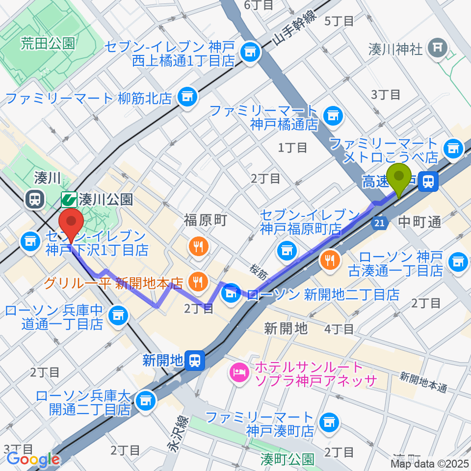 高速神戸駅からStudio Nekoへのルートマップ地図