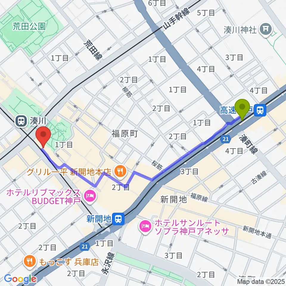 高速神戸駅からStudio Nekoへのルートマップ地図