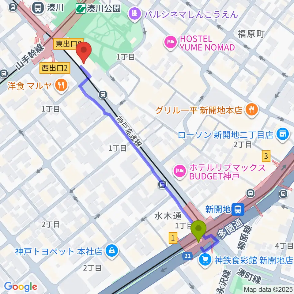 新開地駅からStudio Nekoへのルートマップ地図