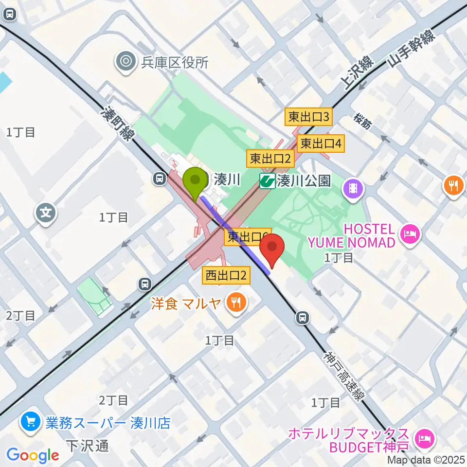 Studio Nekoの最寄駅湊川駅からの徒歩ルート（約2分）地図