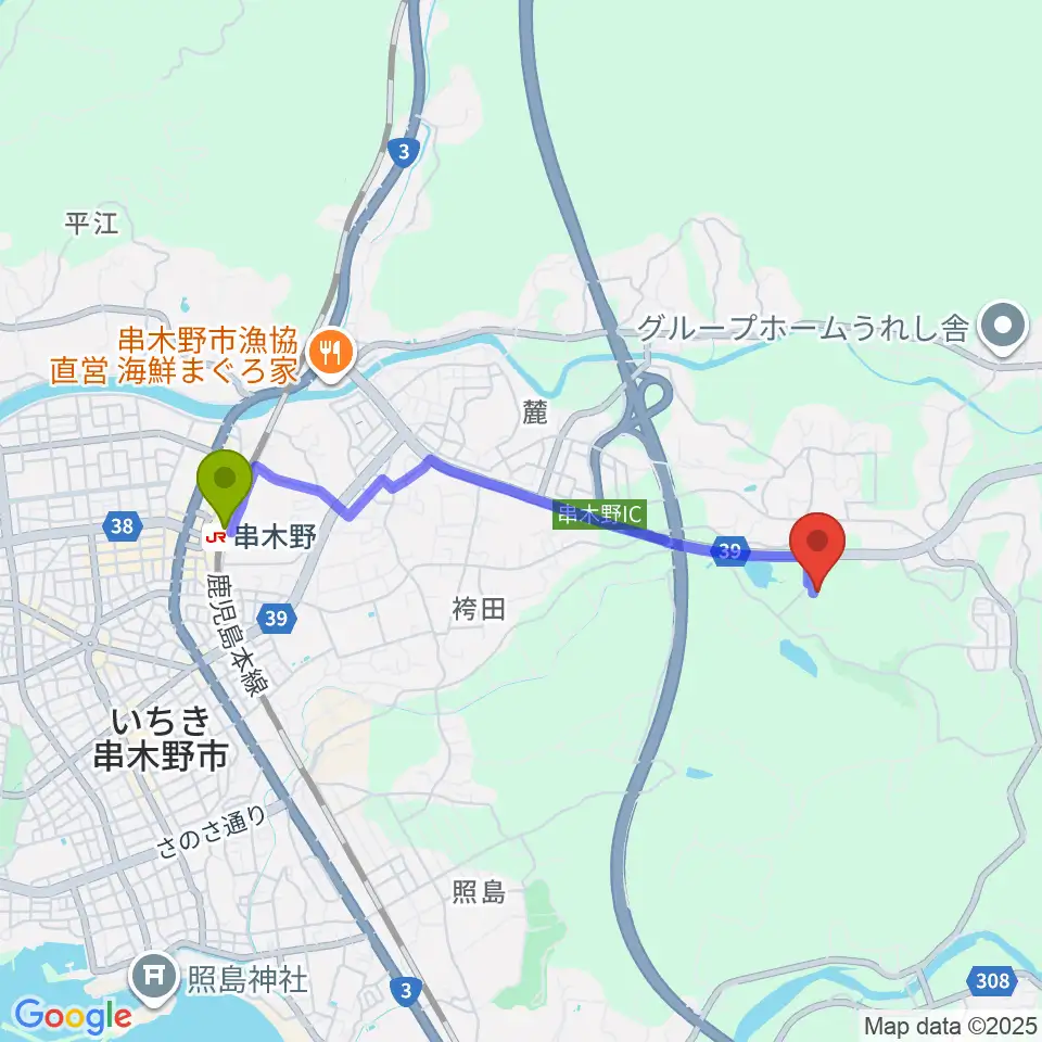 串木野駅から三井串木野多目的グラウンドへのルートマップ地図