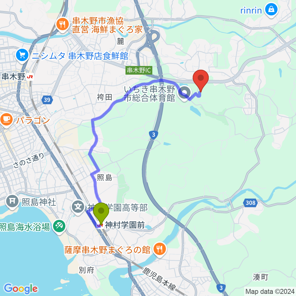 三井串木野多目的グラウンドの最寄駅神村学園前駅からの徒歩ルート（約36分）地図