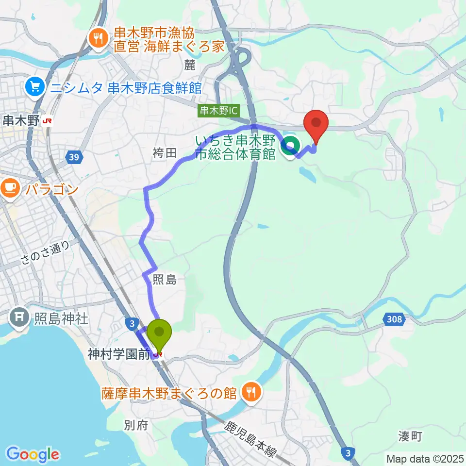 三井串木野多目的グラウンドの最寄駅神村学園前駅からの徒歩ルート（約36分）地図