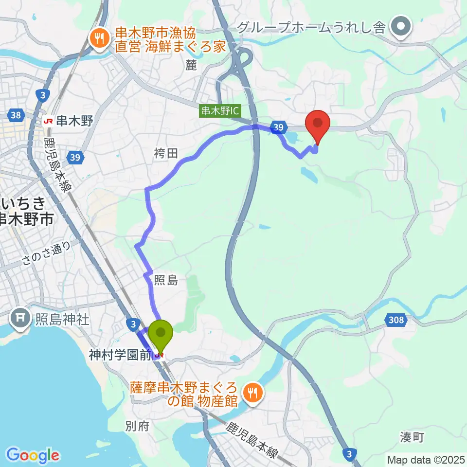 三井串木野多目的グラウンドの最寄駅神村学園前駅からの徒歩ルート（約36分）地図