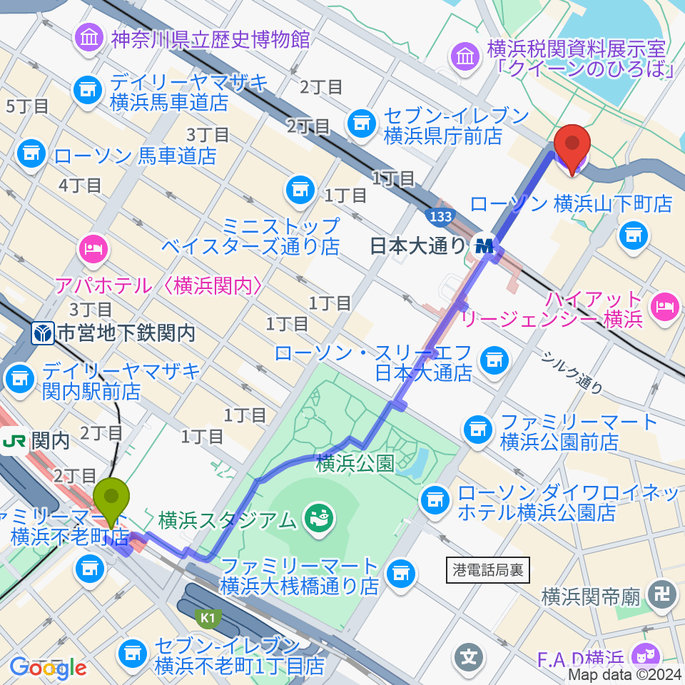 関内駅から横浜開港資料館へのルートマップ地図