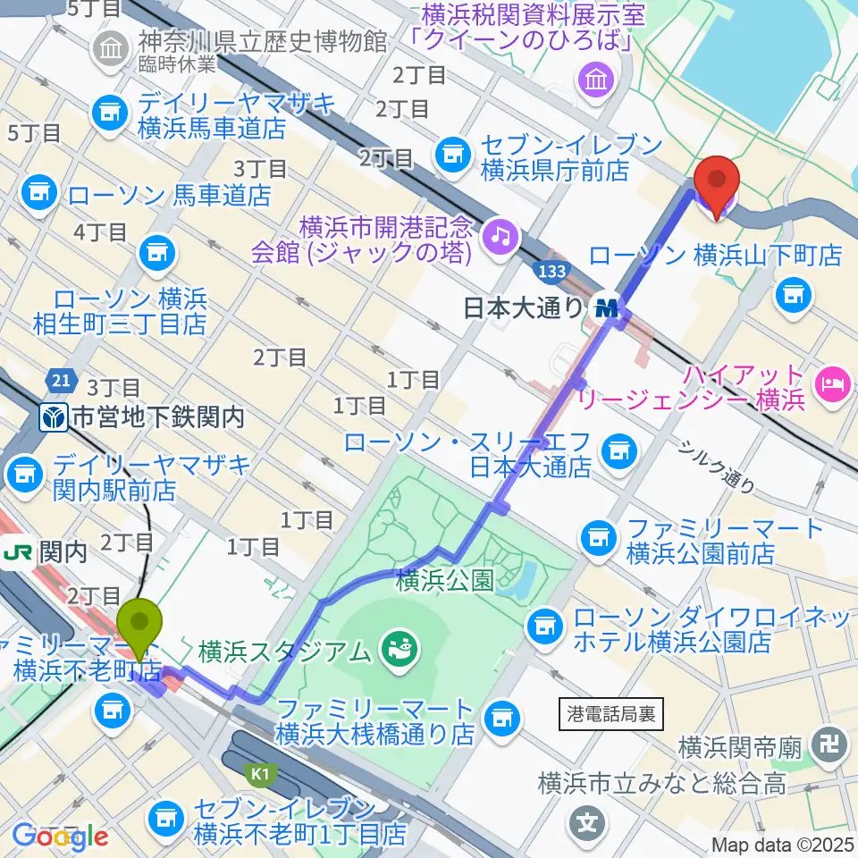 関内駅から横浜開港資料館へのルートマップ地図