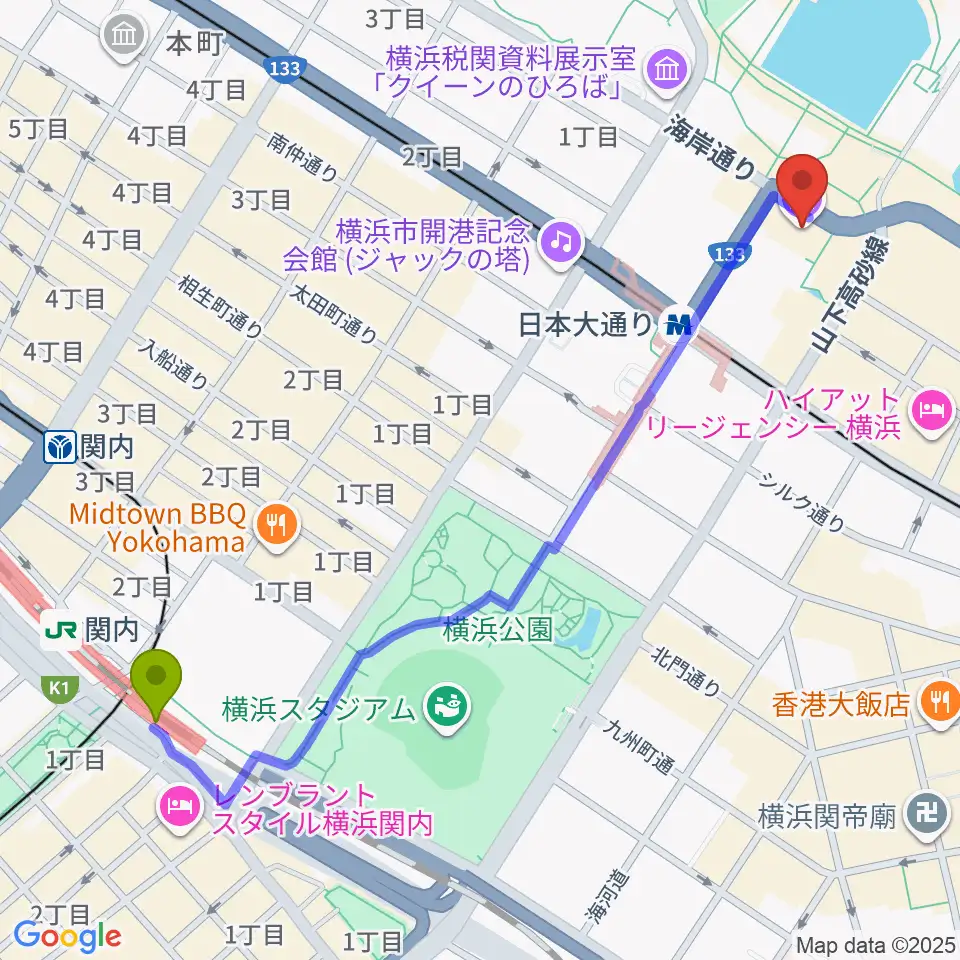 関内駅から横浜開港資料館へのルートマップ地図