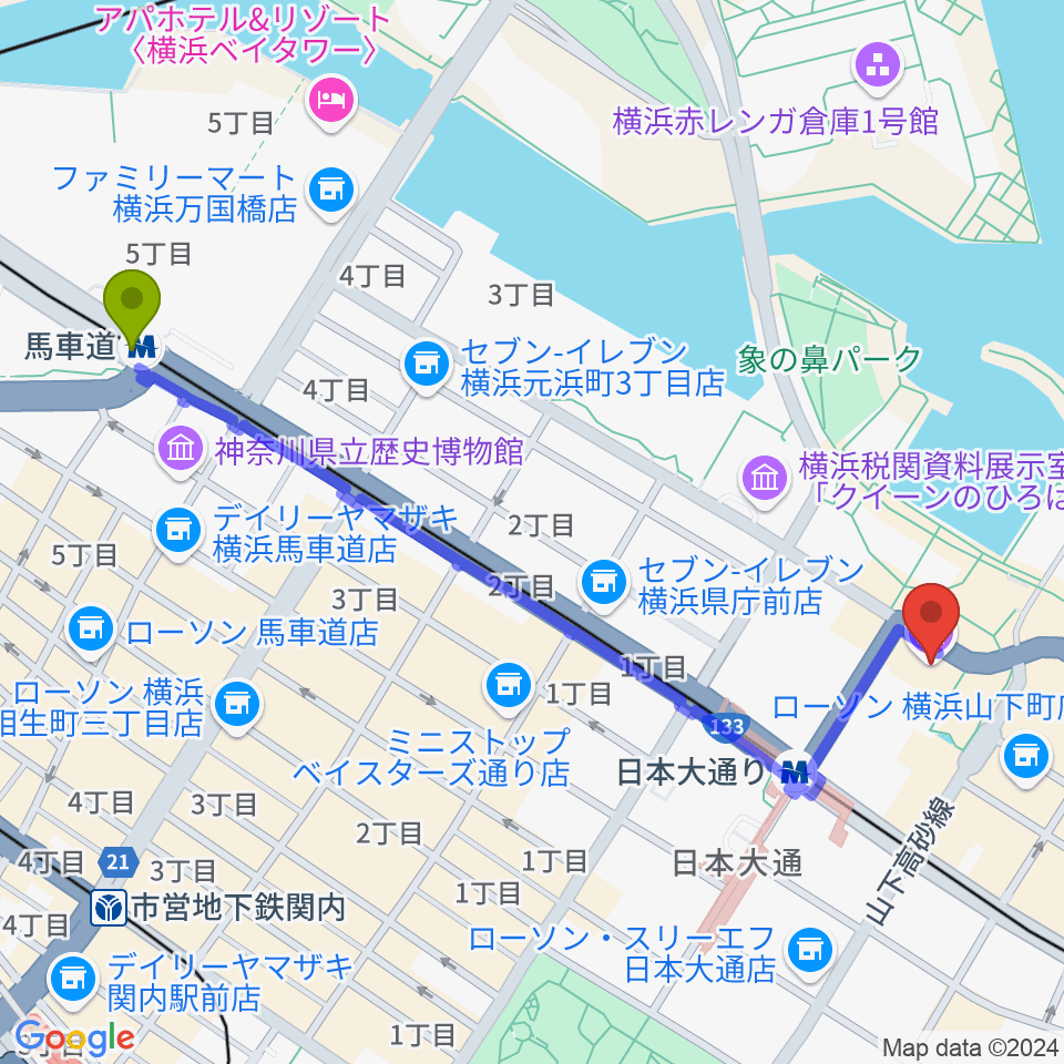 馬車道駅から横浜開港資料館へのルートマップ地図