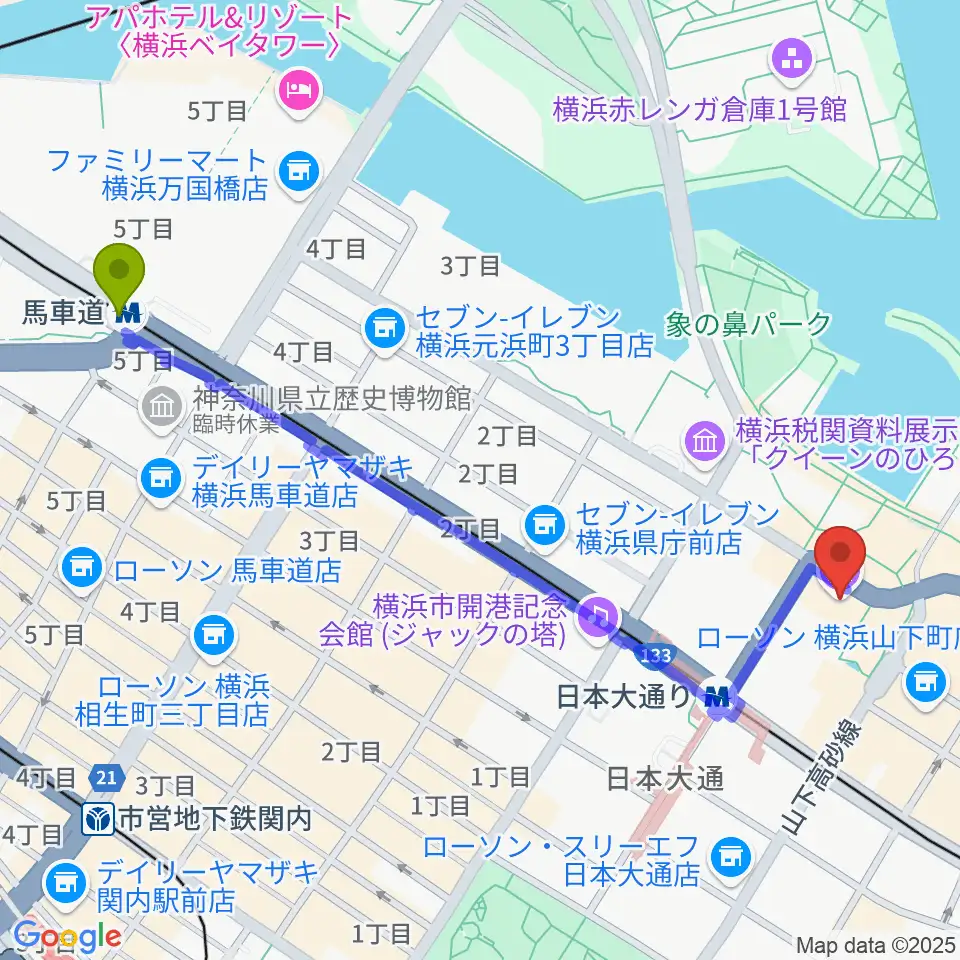 馬車道駅から横浜開港資料館へのルートマップ地図