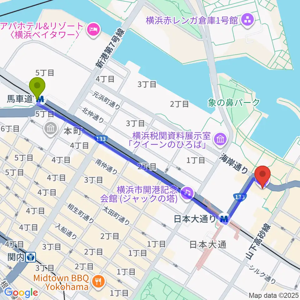 馬車道駅から横浜開港資料館へのルートマップ地図