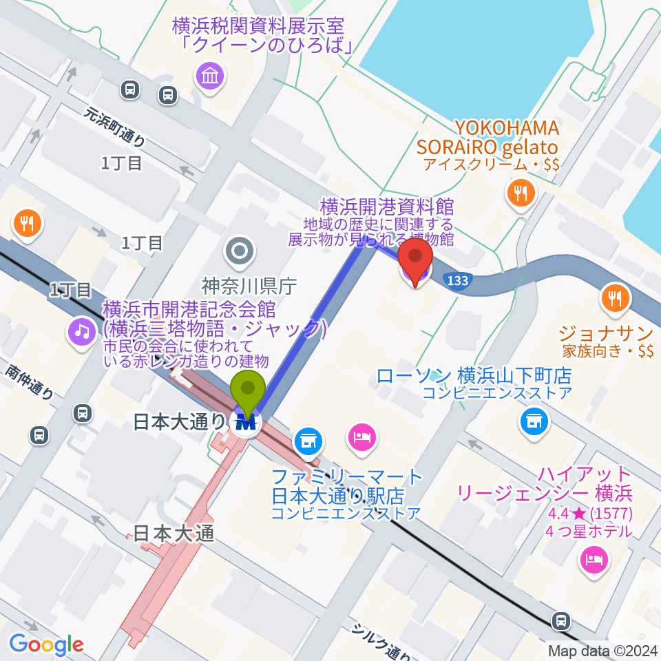 横浜開港資料館の最寄駅日本大通り駅からの徒歩ルート（約3分）地図