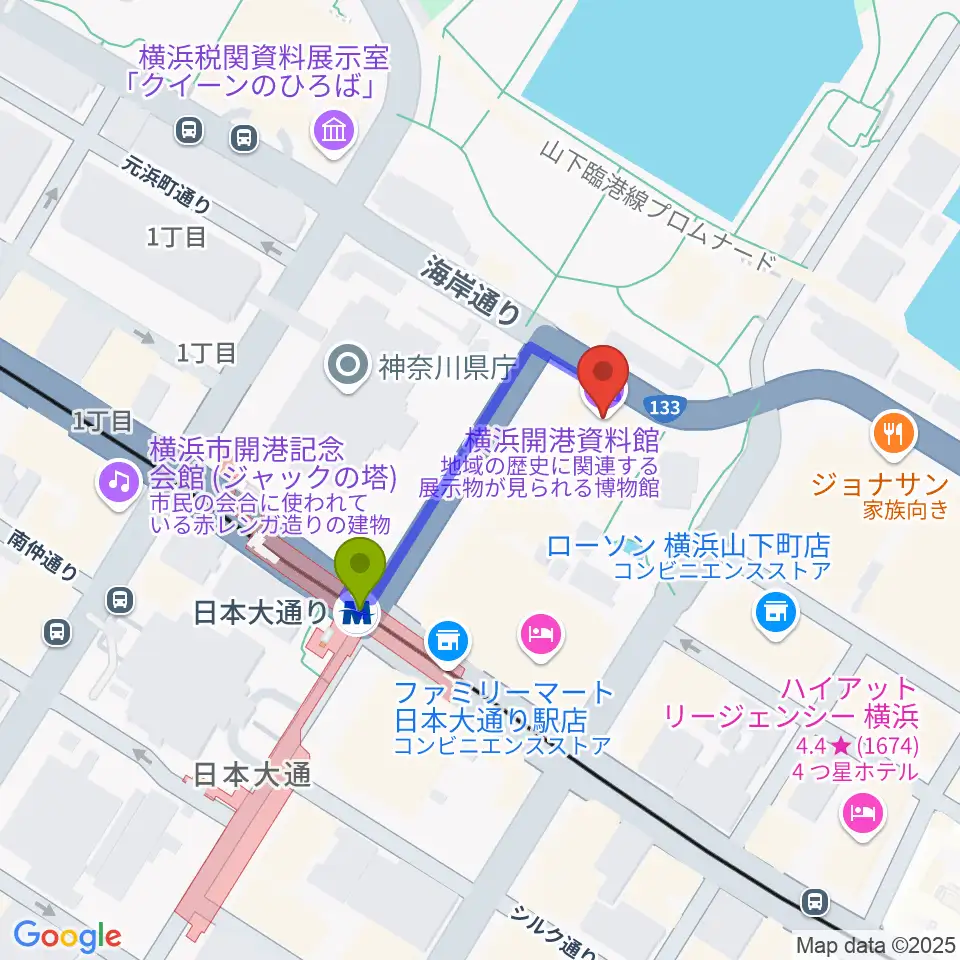 横浜開港資料館の最寄駅日本大通り駅からの徒歩ルート（約3分）地図