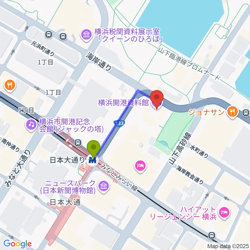 横浜開港資料館の最寄駅日本大通り駅からの徒歩ルート（約3分）地図