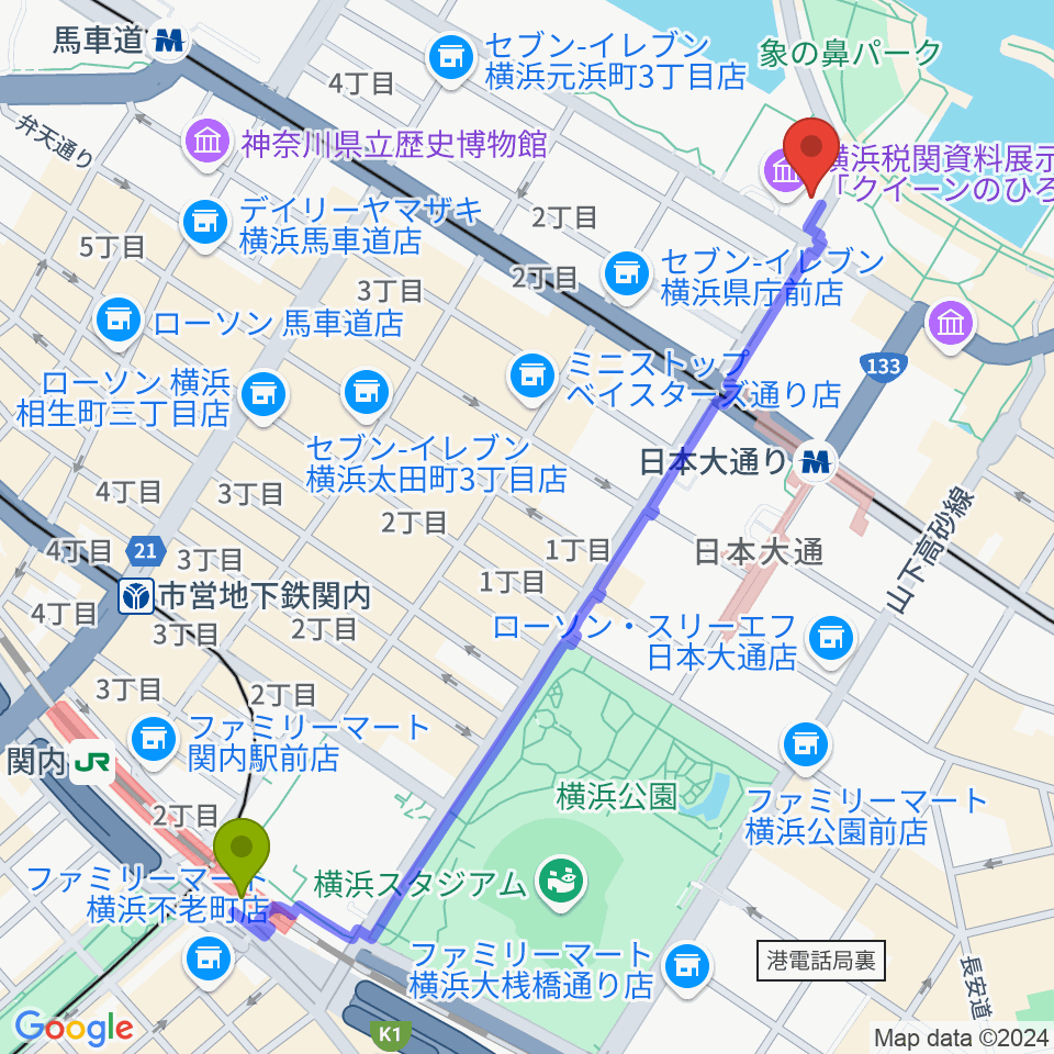 関内駅から横浜税関資料展示室クイーンのひろばへのルートマップ地図