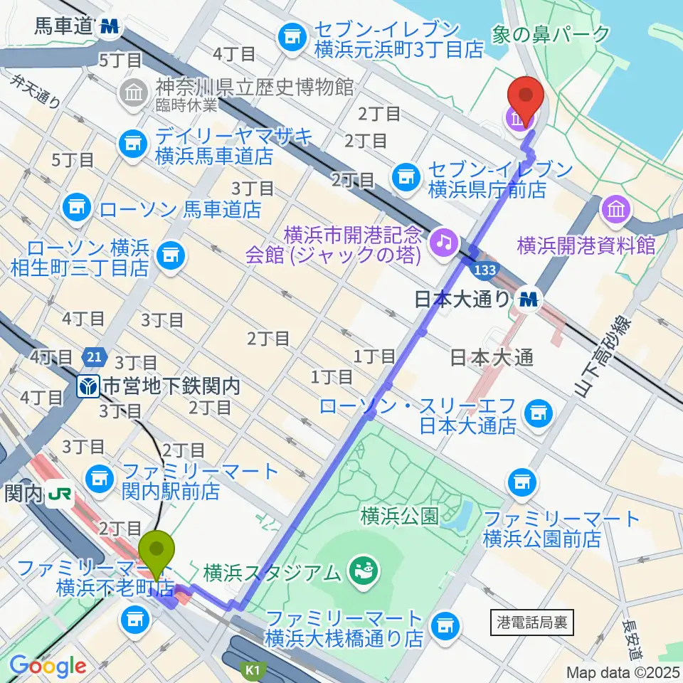 関内駅から横浜税関資料展示室クイーンのひろばへのルートマップ地図