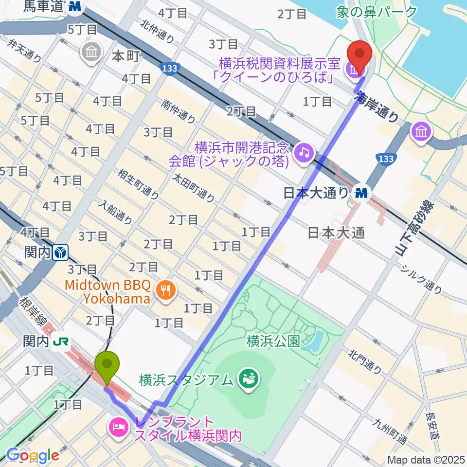 関内駅から横浜税関資料展示室クイーンのひろばへのルートマップ地図