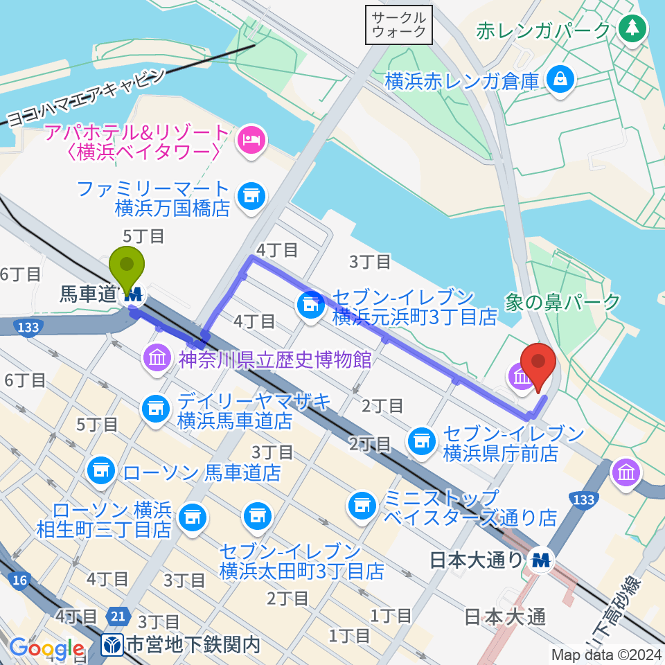 馬車道駅から横浜税関資料展示室クイーンのひろばへのルートマップ地図