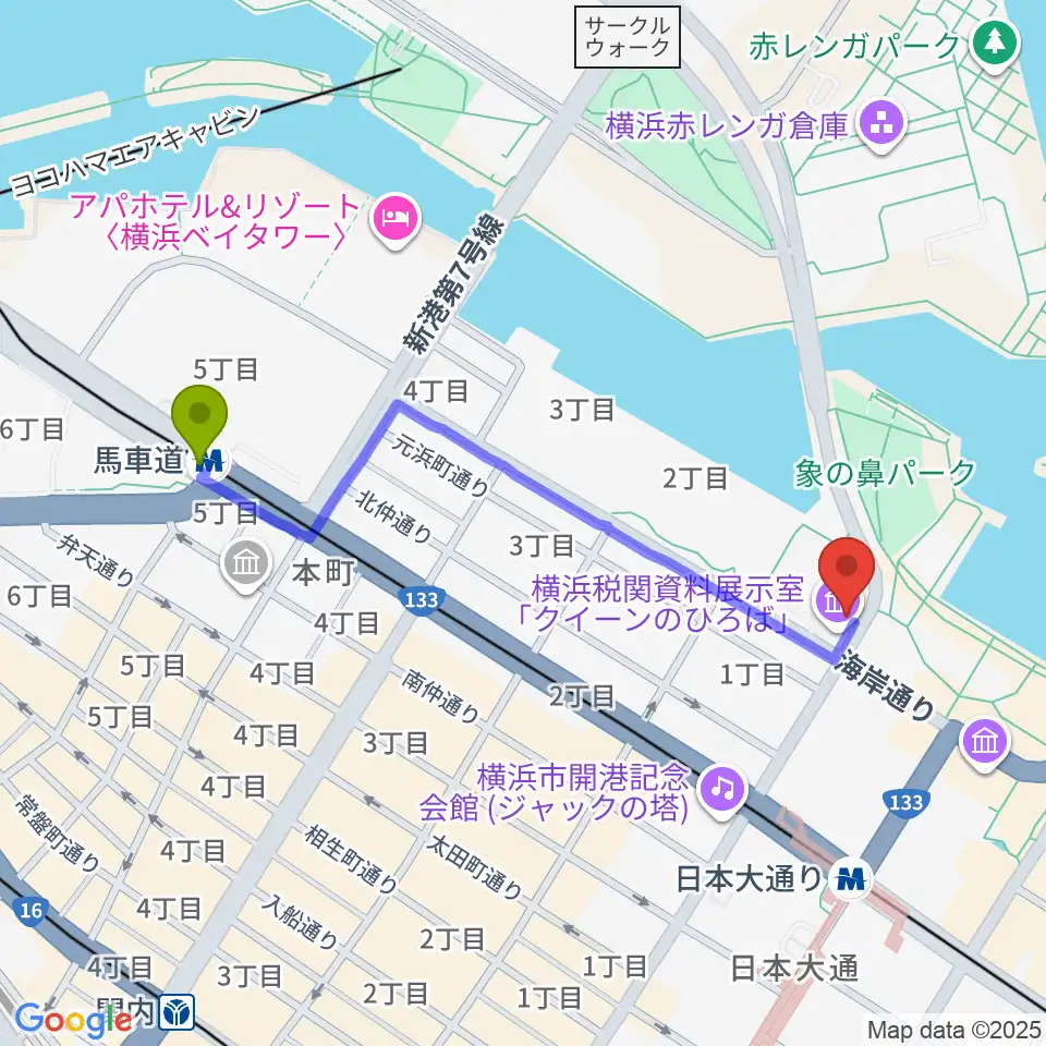 馬車道駅から横浜税関資料展示室クイーンのひろばへのルートマップ地図