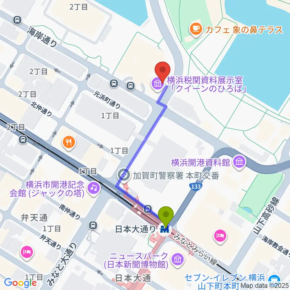 横浜税関資料展示室クイーンのひろばの最寄駅日本大通り駅からの徒歩ルート（約4分）地図