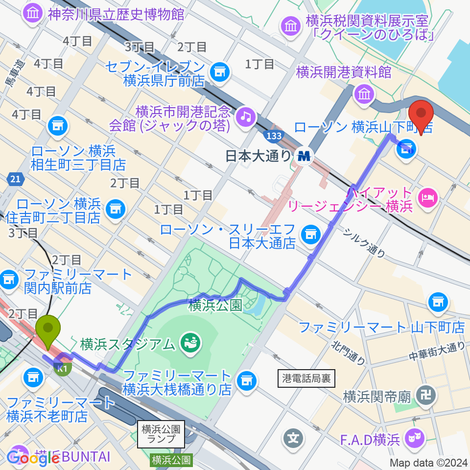 関内駅からシルク博物館へのルートマップ地図