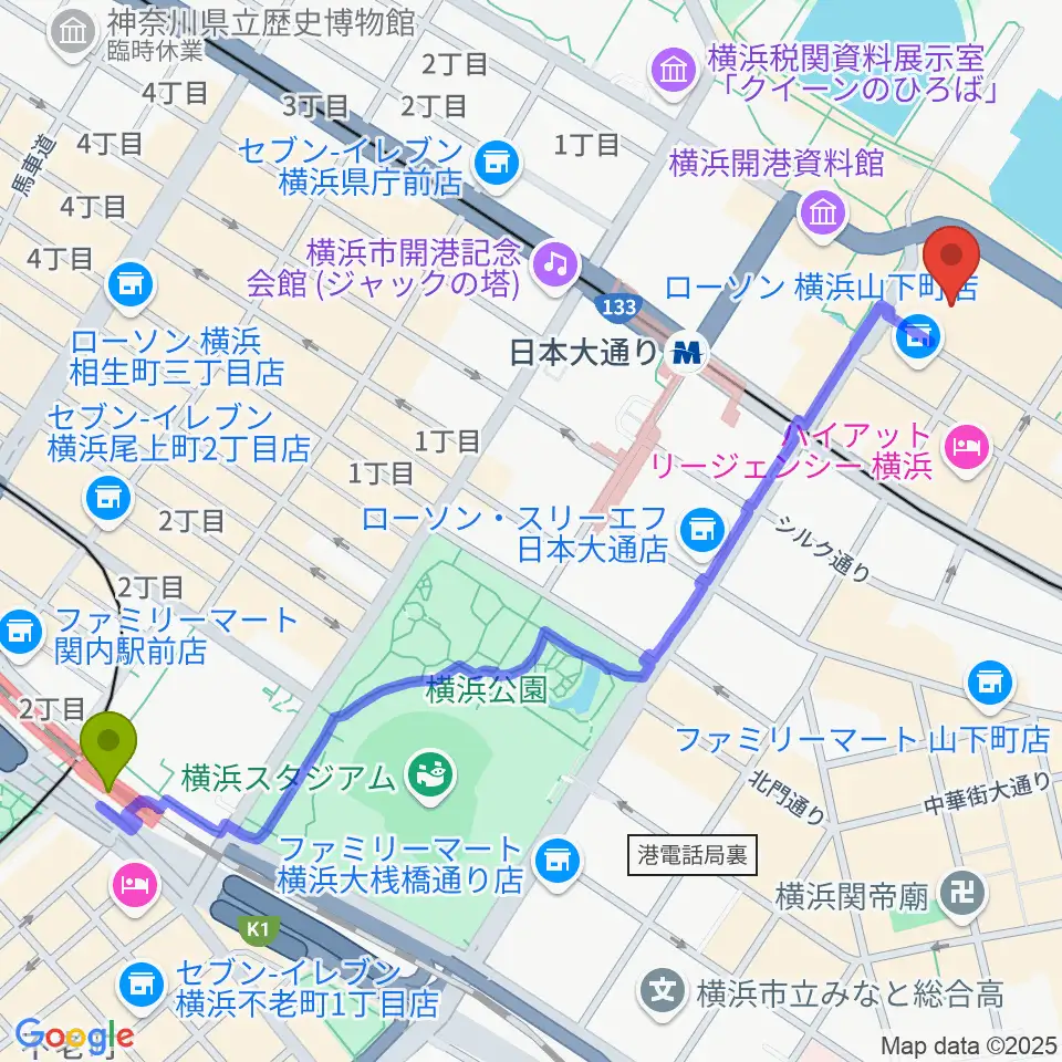 関内駅からシルク博物館へのルートマップ地図