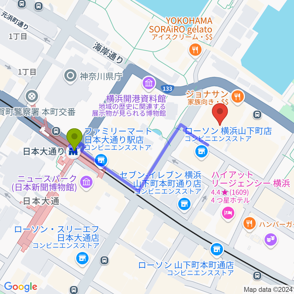 シルク博物館の最寄駅日本大通り駅からの徒歩ルート（約4分）地図