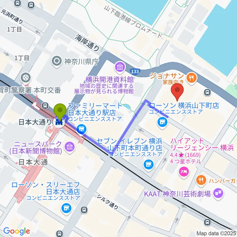 シルク博物館の最寄駅日本大通り駅からの徒歩ルート（約4分）地図