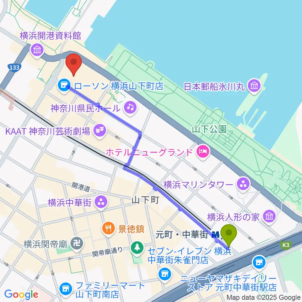 元町・中華街駅からシルク博物館へのルートマップ地図