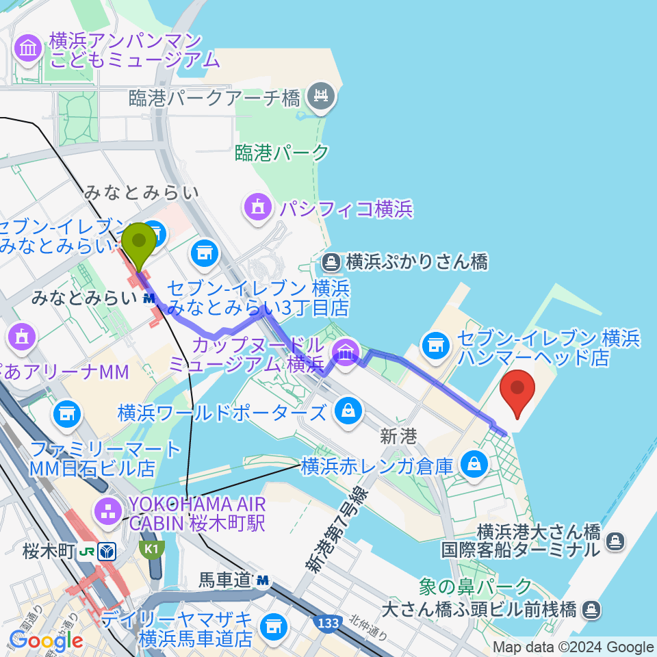 みなとみらい駅から海上保安資料館横浜館へのルートマップ地図