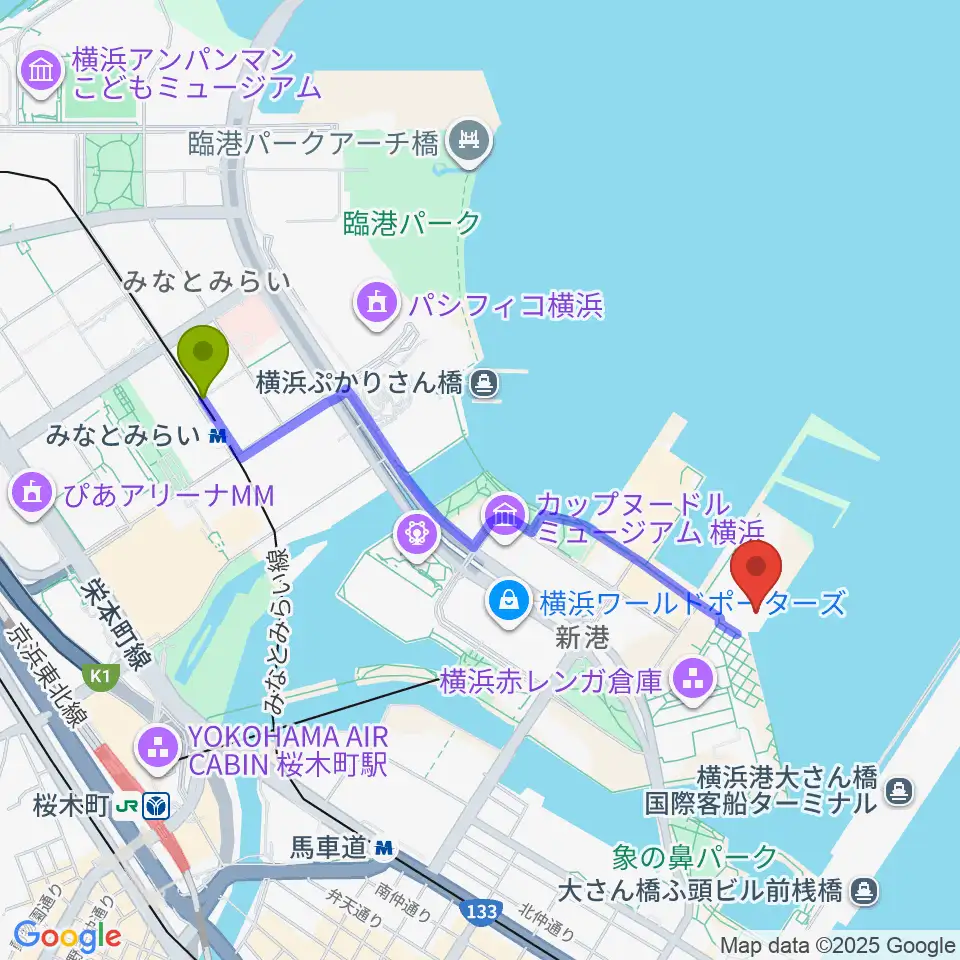 みなとみらい駅から海上保安資料館横浜館へのルートマップ地図