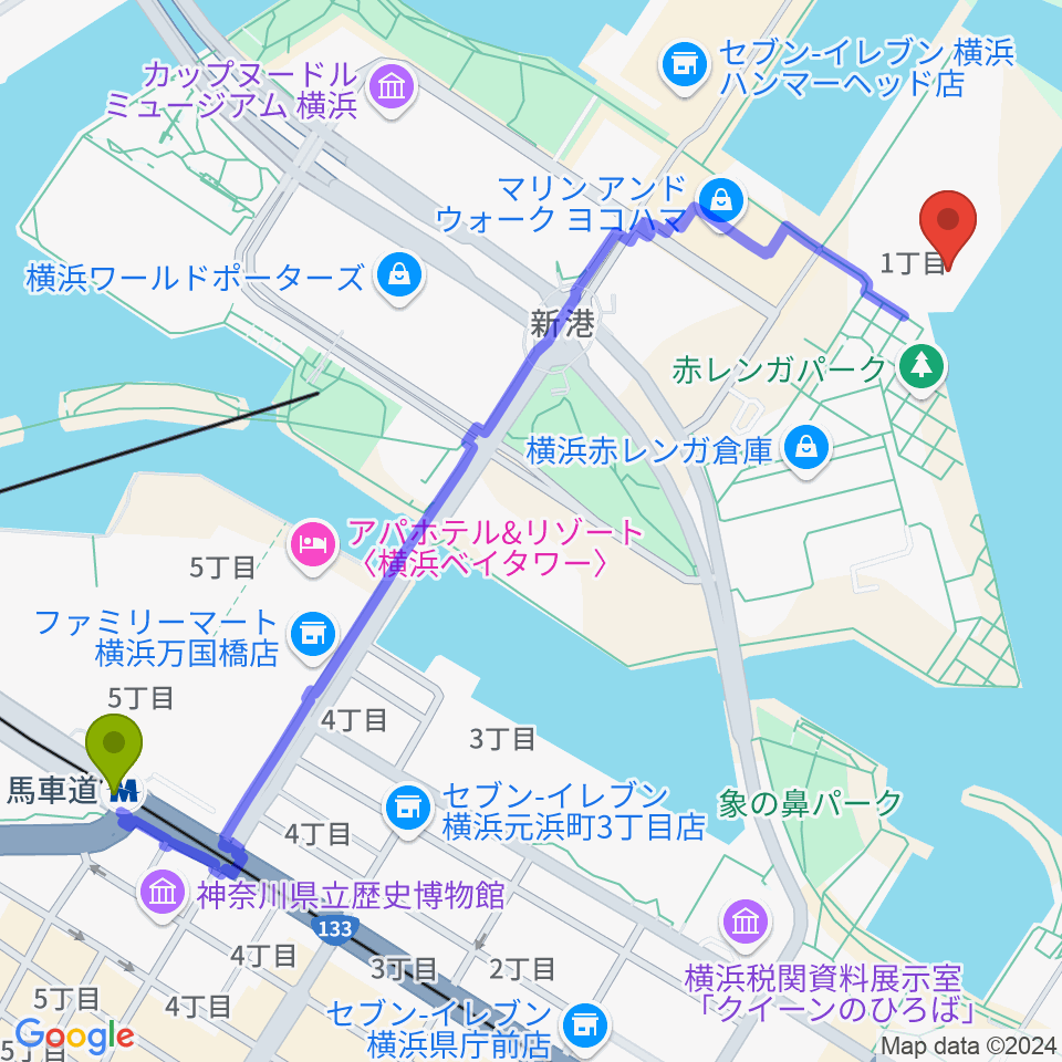 馬車道駅から海上保安資料館横浜館へのルートマップ地図