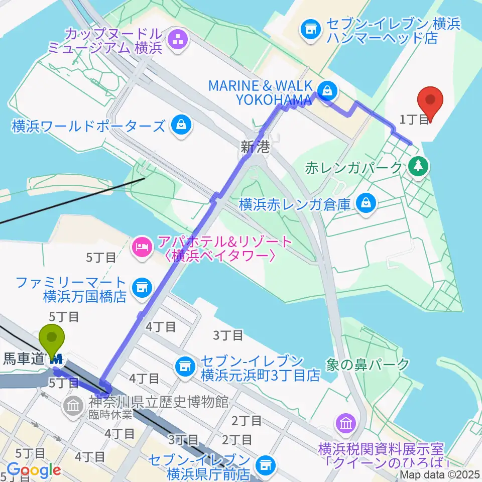 馬車道駅から海上保安資料館横浜館へのルートマップ地図