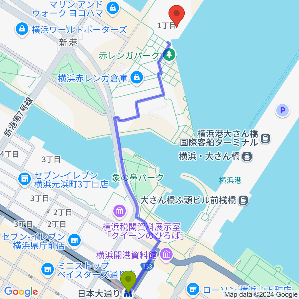 海上保安資料館横浜館の最寄駅日本大通り駅からの徒歩ルート（約14分）地図