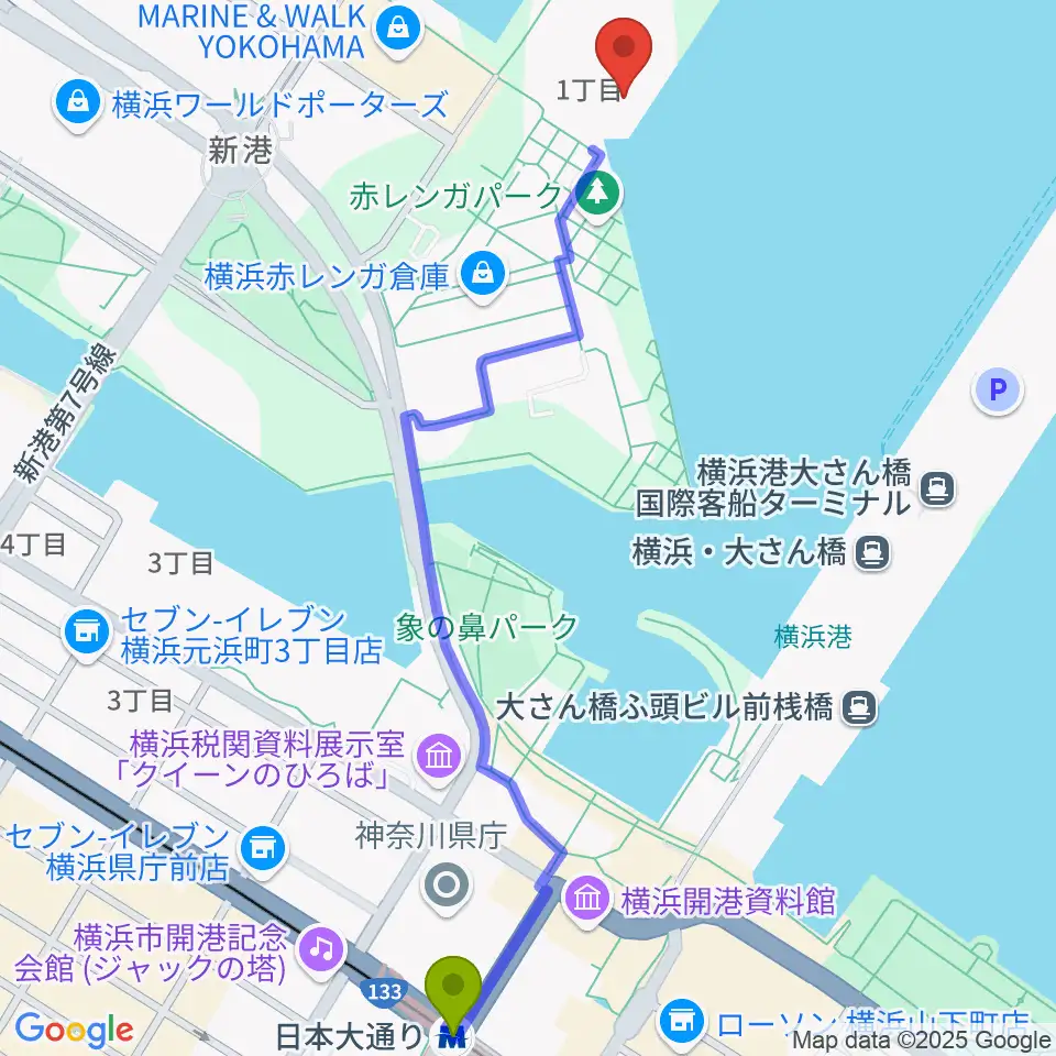 海上保安資料館横浜館の最寄駅日本大通り駅からの徒歩ルート（約14分）地図