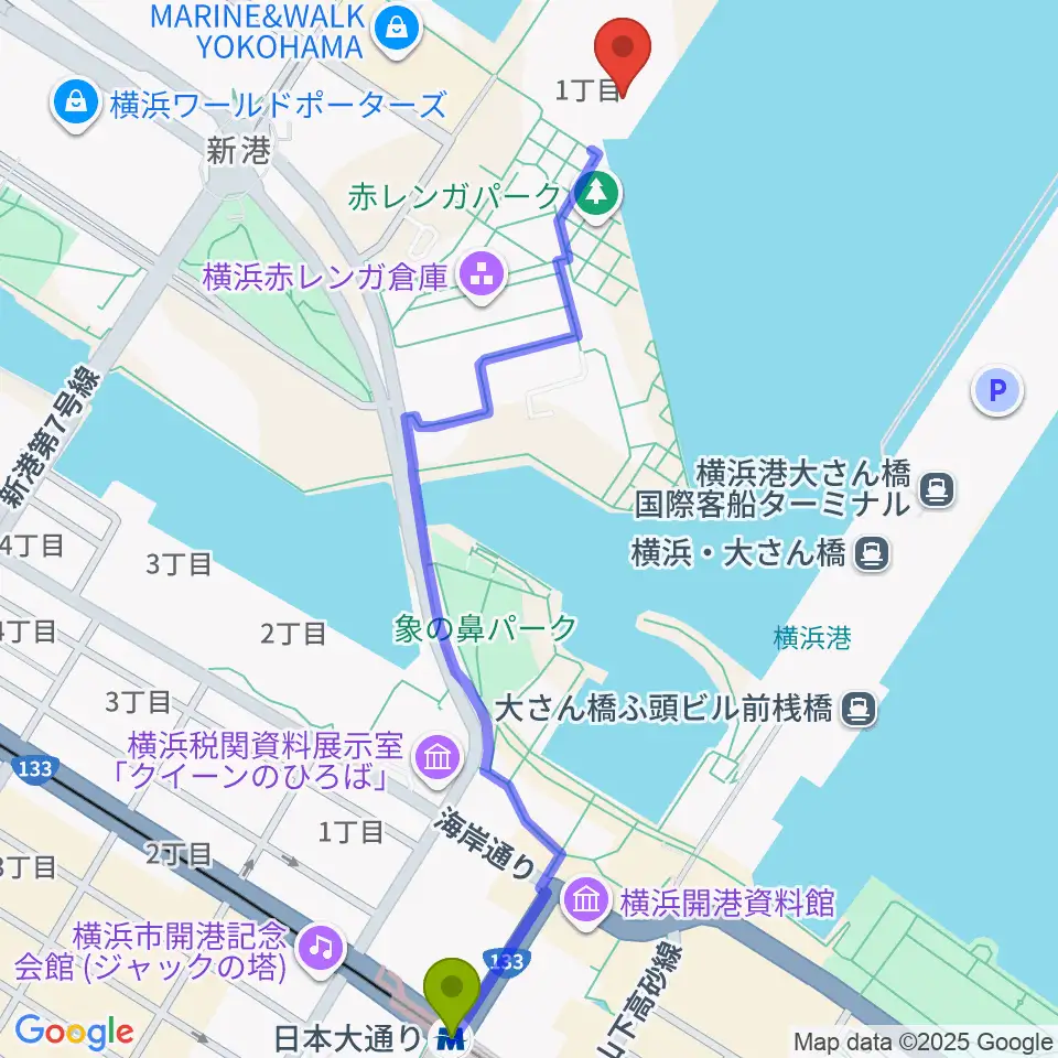 海上保安資料館横浜館の最寄駅日本大通り駅からの徒歩ルート（約14分）地図