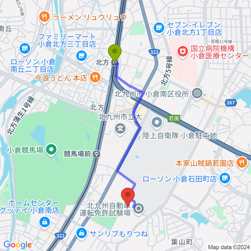 北方駅から大庭産業アリーナ小倉南へのルートマップ地図